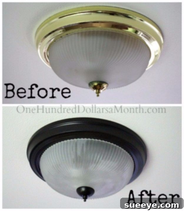 Spray Painting Brass Light Fixtures Old brass light fixture successfully updated with a new spray paint color to match modern home decor aesthetics