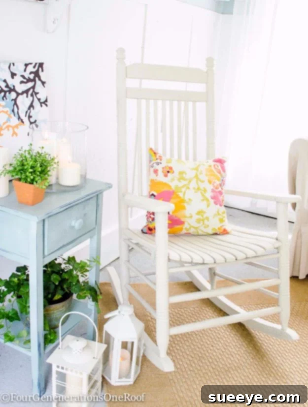 Spray Painting a Rocking Chair: Restoration Guide Vintage rocking chair transformed with a new, vibrant spray paint color, adding modern appeal to a classic piece