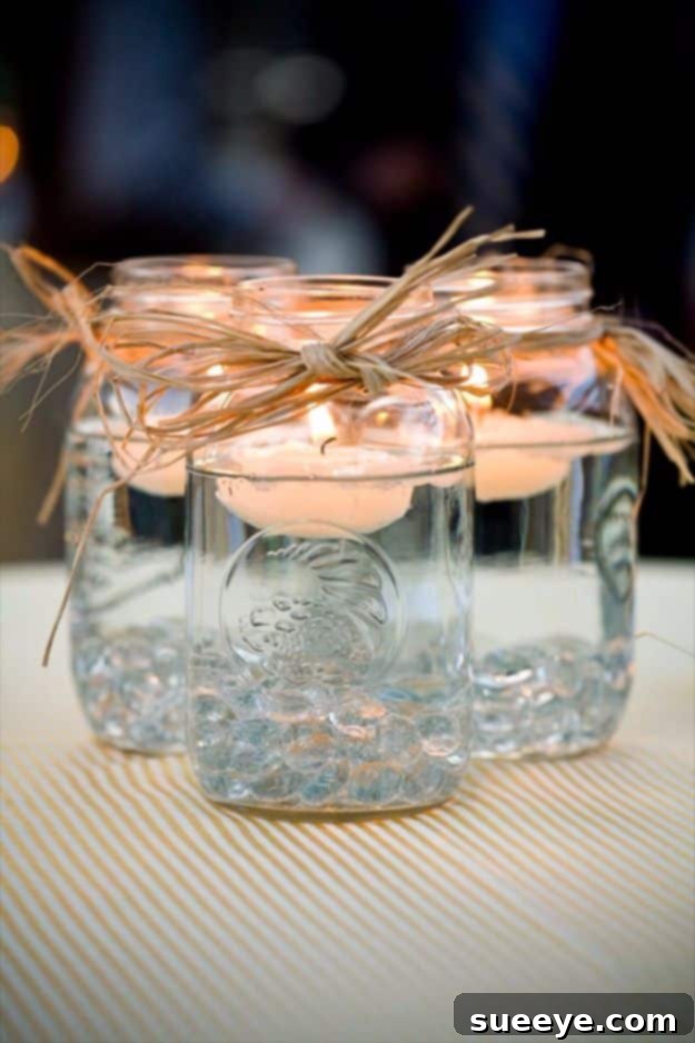 DIY Outdoors Wedding Ideas - Floating Candle Mason Jar Centerpiece - Step by Step Tutorials and Projects Ideas for Summer Brides - Lighting, Mason Jar Centerpieces, Table Decor, Party Favors, Guestbook Ideas, Signs, Flowers, Banners, Tablecloth #wedding #diy DIY Outdoors Wedding Ideas - Floating Candle Mason Jar Centerpiece - Step by Step Tutorials and Projects Ideas for Summer Brides - Lighting, Mason Jar Centerpieces, Table Decor, Party Favors, Guestbook Ideas, Signs, Flowers, Banners, Tablecloth #wedding #diy