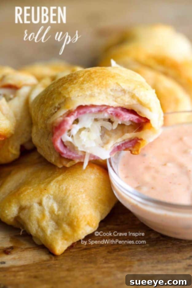 Reuben Roll Ups Savory Reuben Roll Ups with corned beef, sauerkraut, and Swiss cheese, a delightful appetizer.