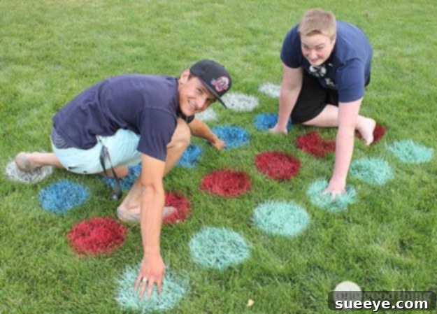 Lawn Twister: Supersized body-twisting game for parties Homemade Lawn Twister game for active outdoor fun