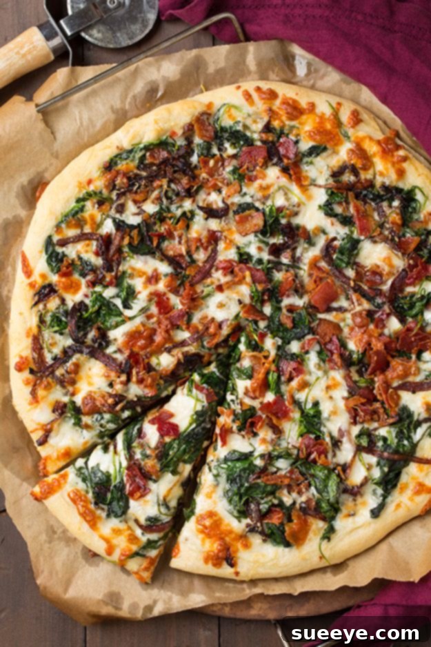 Caramelized Onion, Bacon and Spinach Pizza