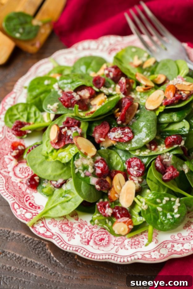 A vibrant Cranberry Almond Spinach Salad with a light dressing