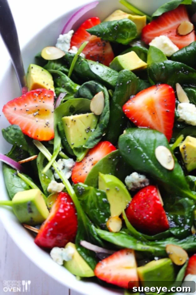 Avocado Strawberry Spinach Salad with Poppyseed Dressing