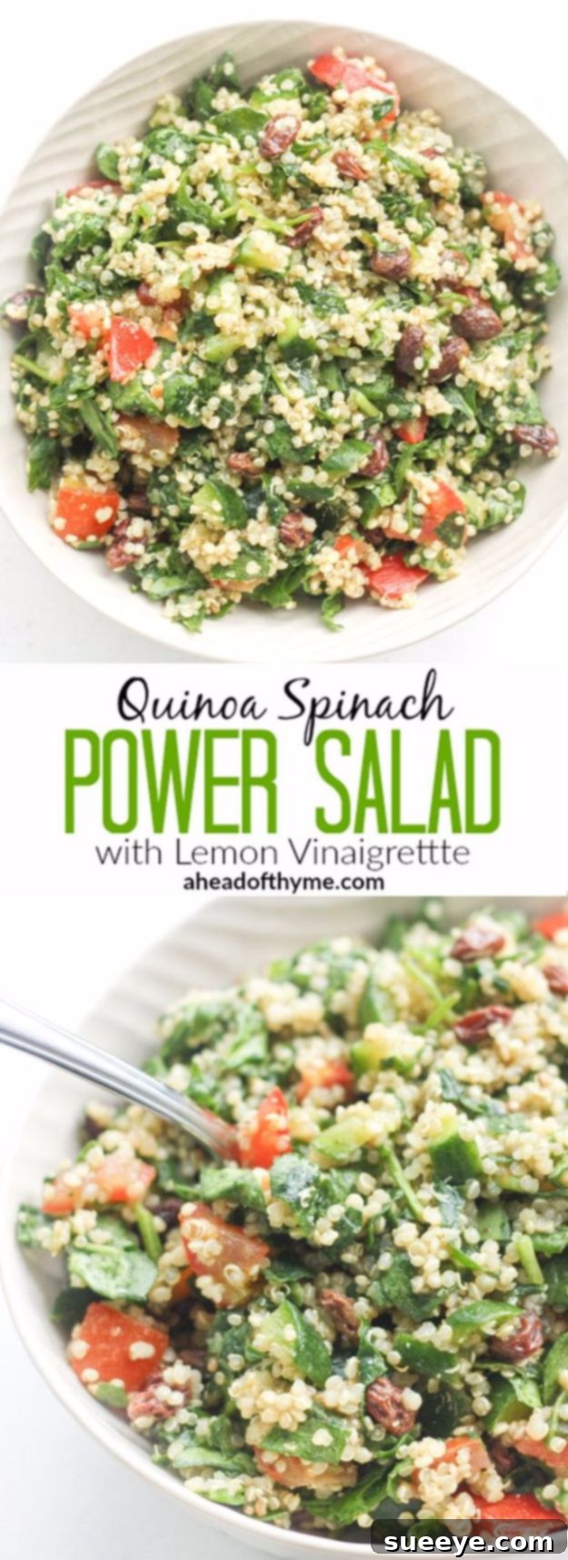 A bowl of fresh Quinoa Spinach Power Salad with lemon