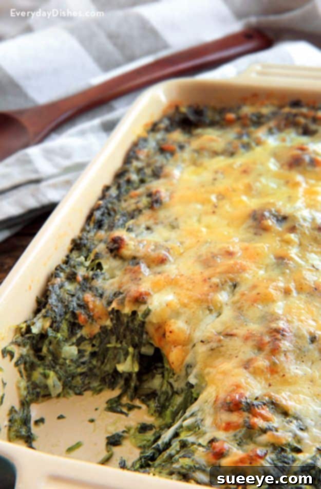 Bubbly Spinach Gratin in a gratin dish