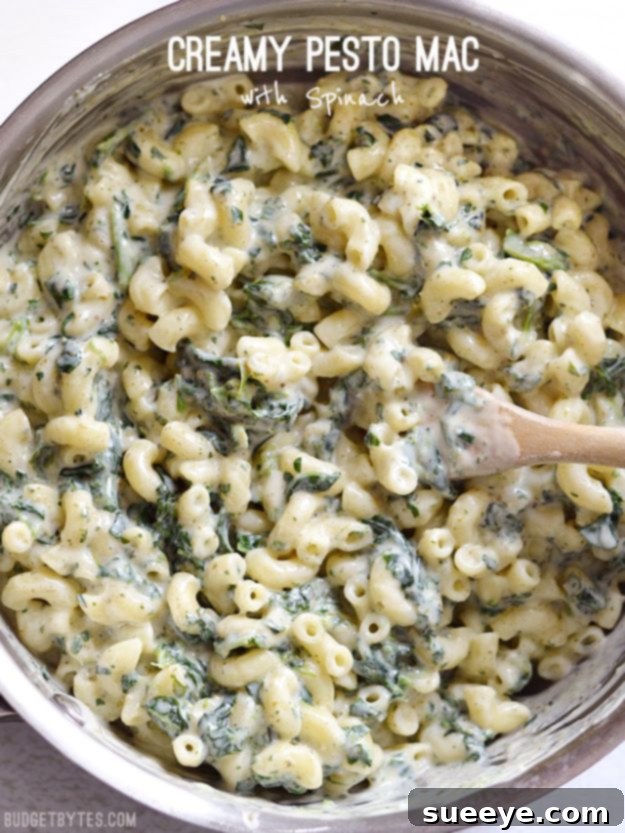 Creamy Pesto Mac with Spinach in a serving bowl