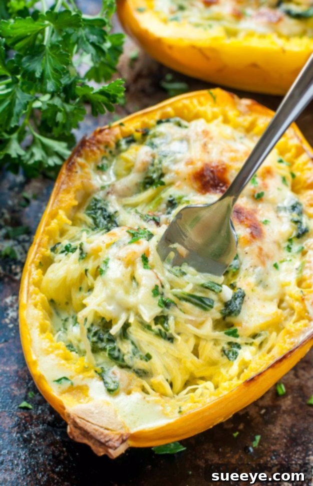 Cheesy Garlic Parmesan Spinach Spaghetti Squash in a serving dish