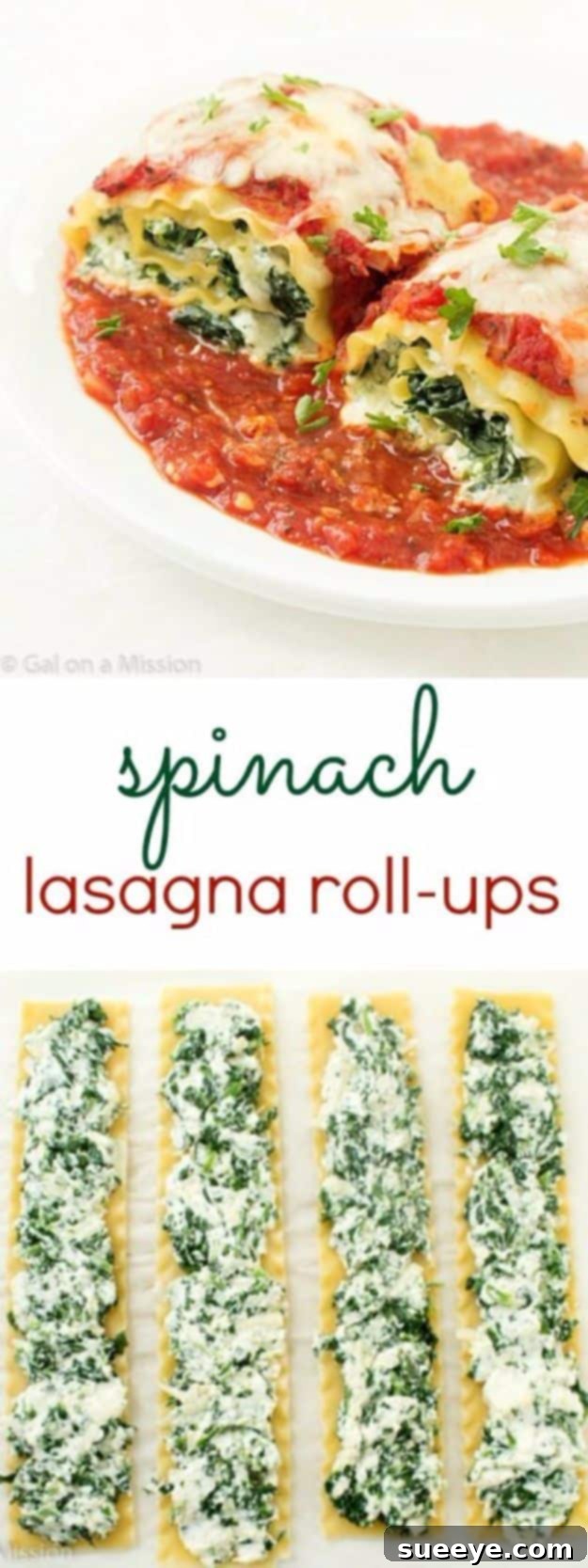 Spinach Lasagna Roll-Ups covered in tomato sauce and cheese