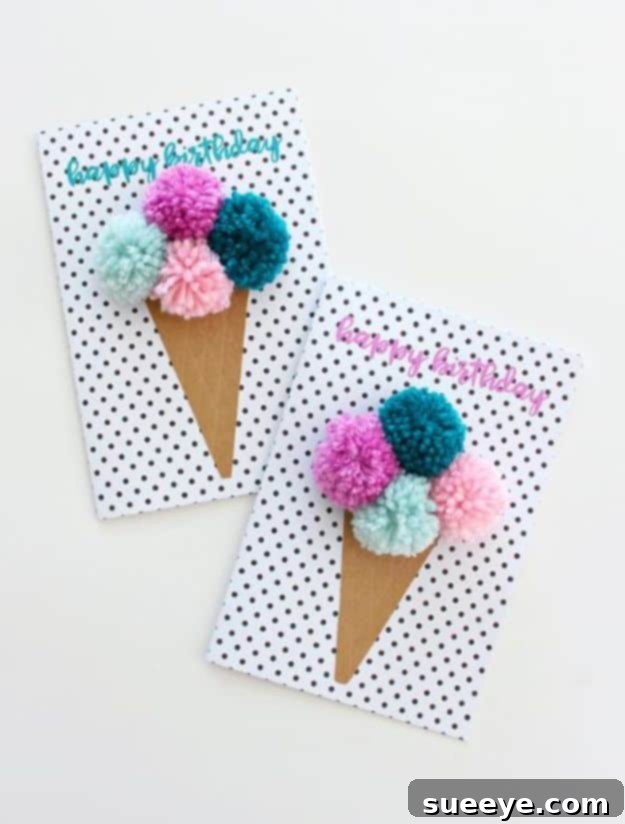 DIY Birthday Cards - Pom Pom Ice Cream Birthday Cards - Easy and Cheap Handmade Birthday Cards To Make At Home - Cute Card Projects With Step by Step Tutorials are Perfect for Birthdays for Mom, Dad, Kids and Adults - Pop Up and Folded Cards, Creative Gift Card Holders and Fun Ideas With Cake #birthdayideas #birthdaycards