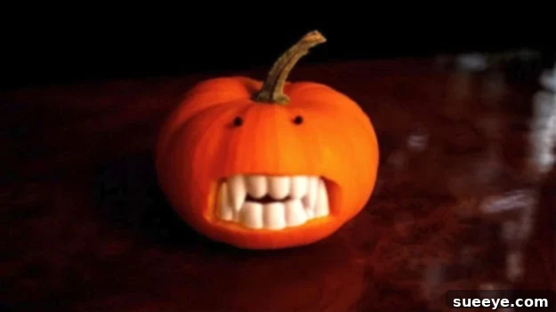 DIY Scary Pumpkin with Vampire Teeth for Halloween Front Porch Decor