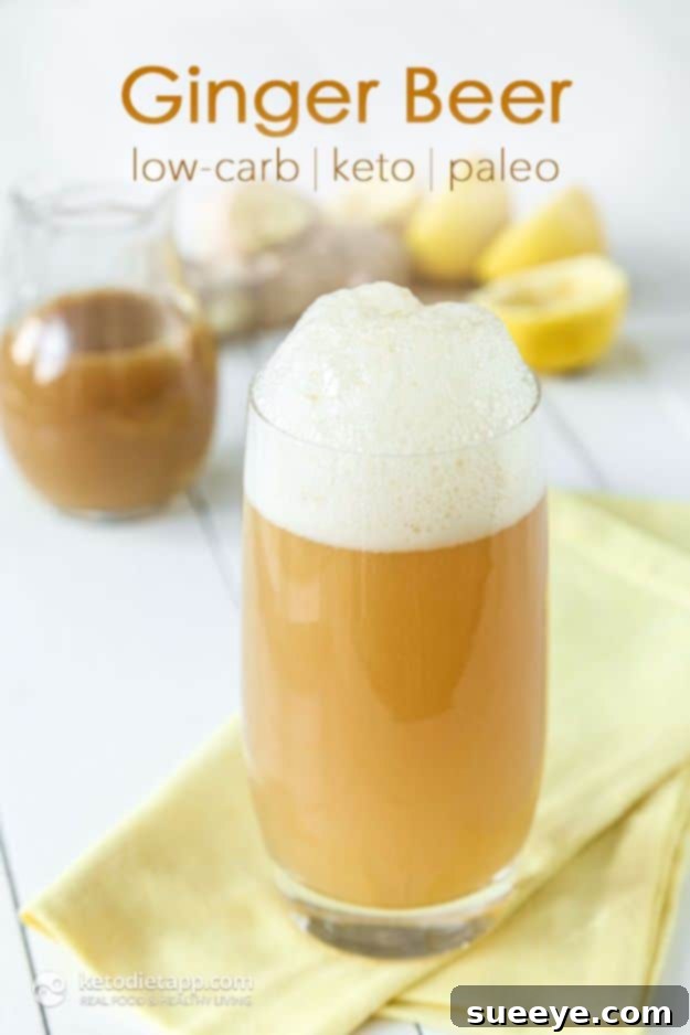 Homemade Sugar-Free Ginger Beer Recipe Homemade Sugar-Free Ginger Beer - A glass of sugar-free ginger beer with fresh ginger.