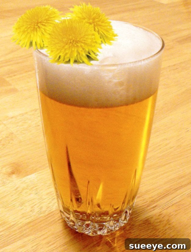 Dandelion Beer Recipe Dandelion Beer - A rustic glass of beer made from dandelion blossoms.