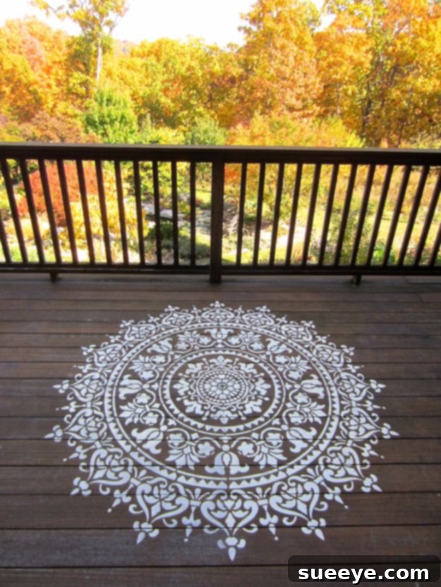 Outdoor Deck Makeover with Mandala Stencil Stenciling a deck surface with an intricate mandala pattern
