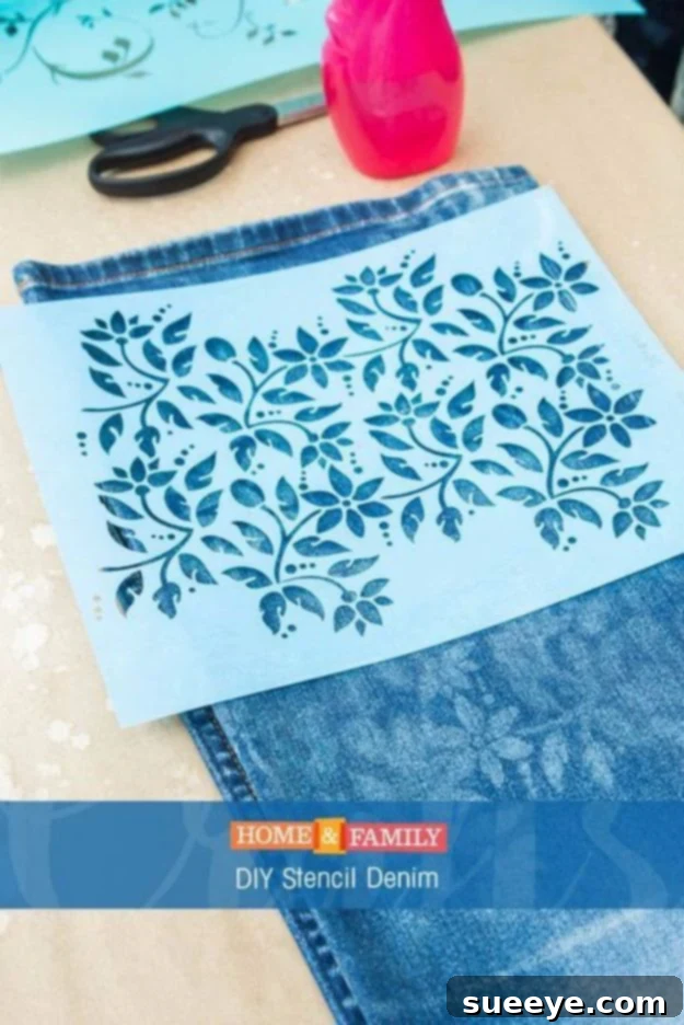 Fashionable Stenciled Jeans Makeover Customizing old jeans with a DIY stencil bleach design