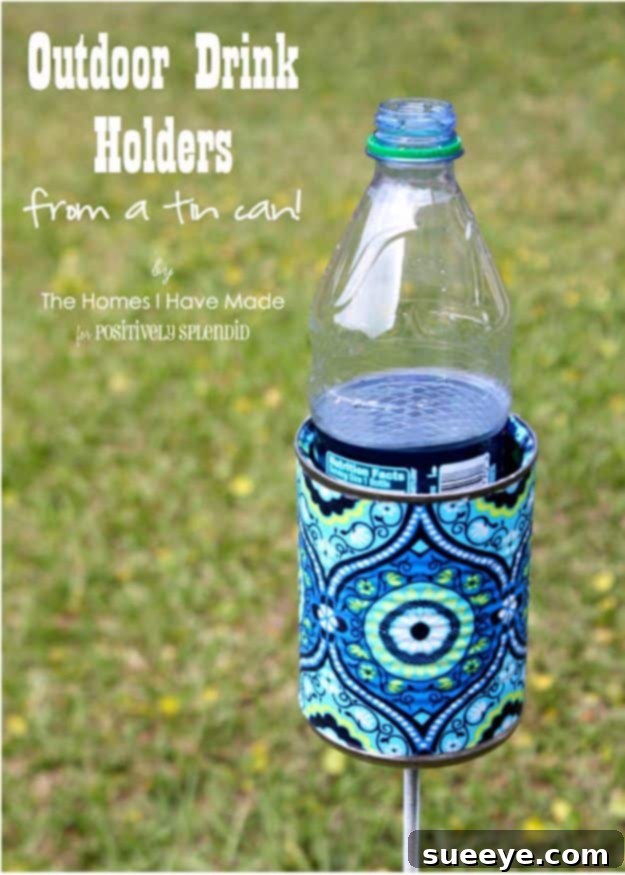 Keep your drinks secure outdoors with a clever DIY Outdoor Drink Holder made from a recycled tin can. DIY Outdoor Drink Holder From Tin Can for garden or patio use
