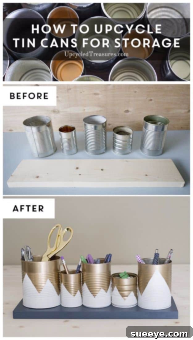 Build a practical and stylish Upcycled Tin Can Organizer to declutter your desk or craft area efficiently. Upcycled Tin Can Organizer tower for office or craft supplies