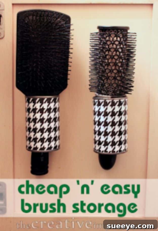 Organize your bathroom counter with clever Hanging Hairbrush Storage made from upcycled tin cans. Hanging Hairbrush Storage from Tin Cans for a tidy bathroom