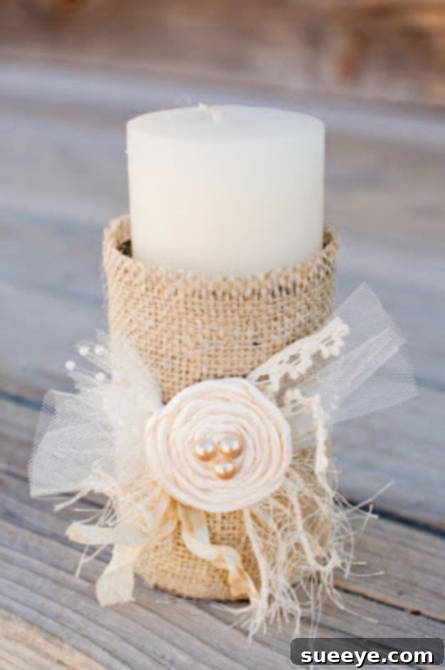 Craft a warm and inviting Burlap Tin Can Candle Holder, perfect for a rustic or farmhouse interior. Burlap Tin Can Candle Holder for farmhouse style decor