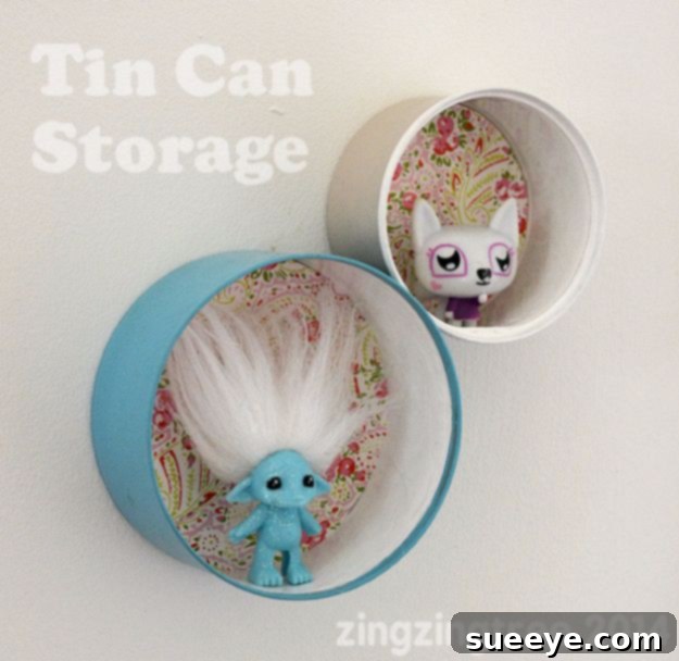 Construct an innovative Tin Can Shelf for displaying small items and adding an artistic touch to your walls. DIY Tin Can Shelf for unique wall storage and display