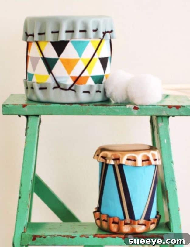 Entertain the little ones with homemade Tin Can Drums, a simple and enjoyable upcycling project for creative play. DIY Tin Can Drums, a fun and educational craft for children