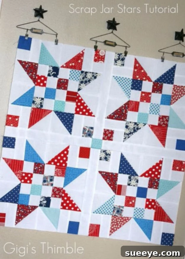 Quilted star blocks made from small fabric scraps, showcasing a scrappy quilt design.