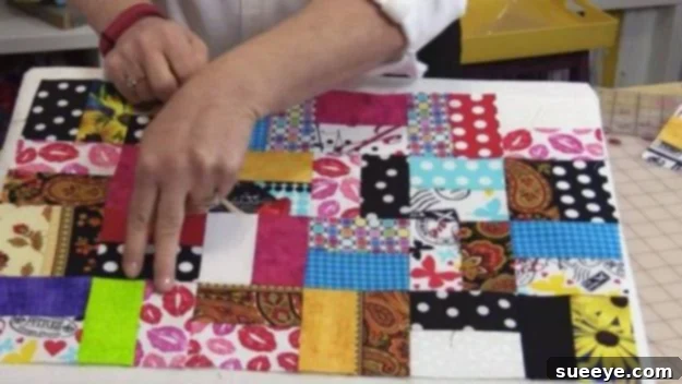 Close-up of a vibrant scrappy quilt made from various fabric pieces, showcasing diverse patterns.