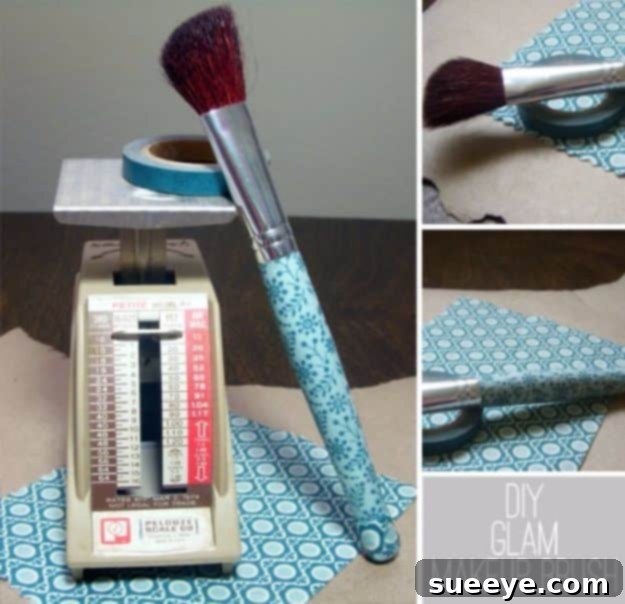 Makeup brush handle wrapped with decorative fabric scraps, adding a glamorous touch.