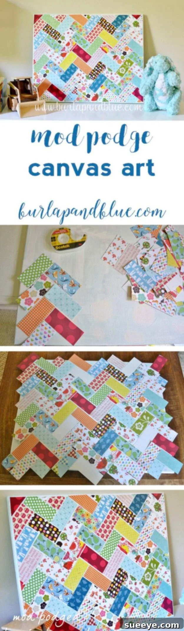 Stylish herringbone wall art created with various fabric scraps on a canvas.
