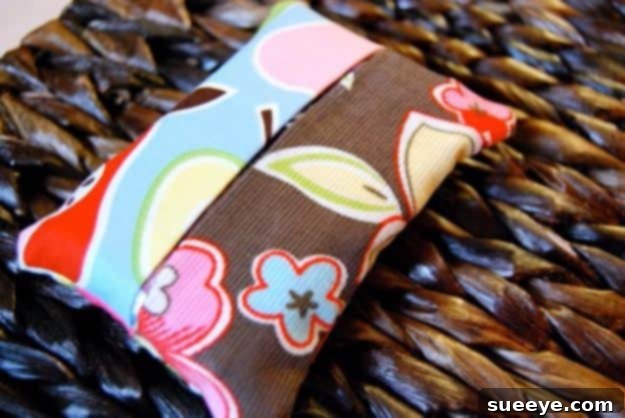 Small, decorated tissue cozy made from fabric scraps, designed for pocket-sized tissue packs.