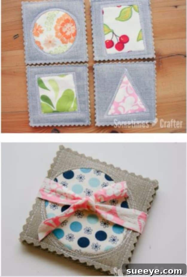 Set of simple, square fabric coasters in various patterns, protecting surfaces.
