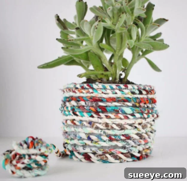 Handmade twine crafted from colorful fabric scraps, coiled into a ball.
