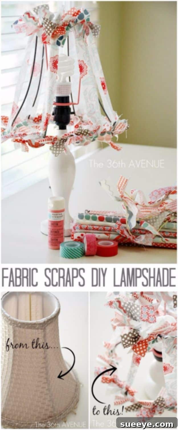 Lampshade decorated with various fabric scraps and washi tape, creating a vintage look.
