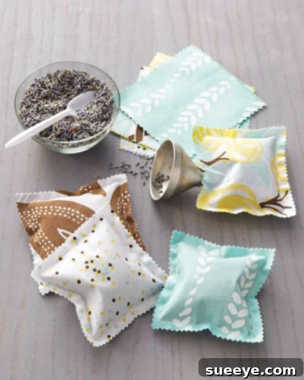 Small, square scented sachets made from patterned fabric scraps, tied with ribbon.