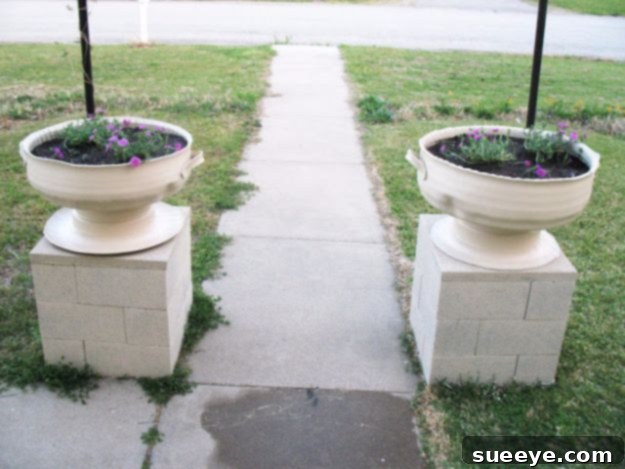 Tire Planters with Cinder Block Base Robust Tire Planters with Cinder Block Plinths