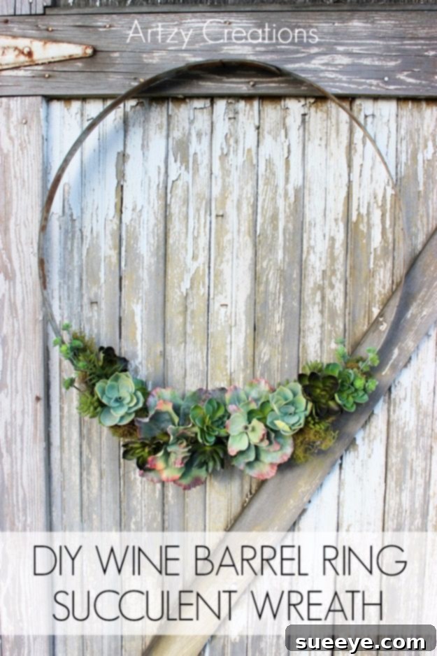 DIY Wine Barrel Ring Succulent Wreath - Rustic Farmhouse Wall Decor Idea DIY Wine Barrel Ring Succulent Wreath - Rustic Farmhouse Wall Decor Idea