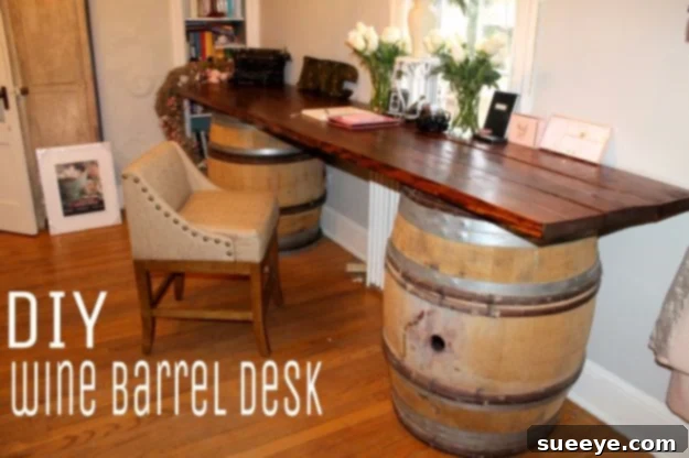 DIY Wine Barrel Desk - Rustic Home Office Furniture Idea DIY Wine Barrel Desk - Rustic Home Office Furniture Idea