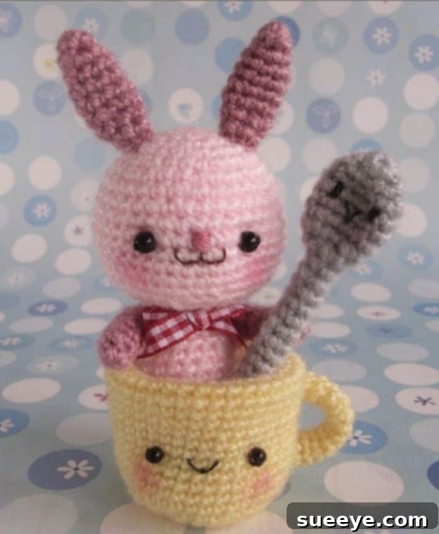DIY Crochet Bunny with Miniature Accessories Free Amigurumi Bunny with Cup and Spoon Pattern, Unique Crochet Set