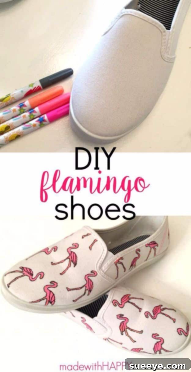 DIY Flamingo Shoes: Add a vibrant, tropical flair to your sneakers with hand-painted flamingos. Vibrant white canvas sneakers featuring hand-painted pink flamingo designs, perfect for a tropical look.