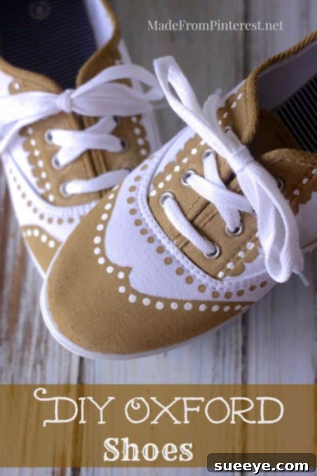 DIY Oxford Shoes: Create a sophisticated, vintage look by painting classic Oxford patterns onto sneakers. Canvas shoes transformed with paint to mimic the classic two-tone style of Oxford shoes.