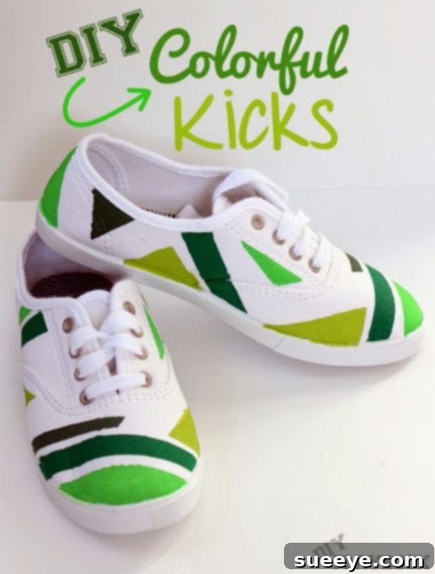 DIY Colorful Kicks: Infuse your sneakers with vibrant hues and creative patterns for a personalized look. Brightly painted canvas sneakers featuring a vibrant, multi-color abstract design, perfect for DIY enthusiasts.