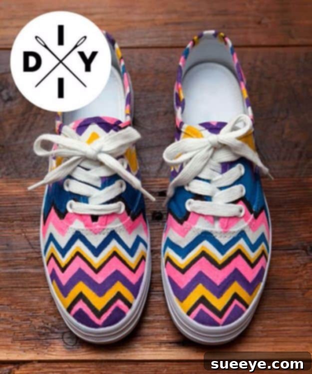 DIY Missoni Shoes: Recreate the famous zigzag pattern for a high-fashion sneaker look. Canvas sneakers customized with a vibrant, iconic Missoni-inspired zigzag pattern in multiple colors.