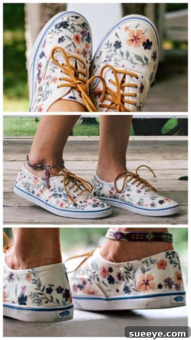 DIY Floral Shoes: Adorn your sneakers with lovely hand-painted blossoms for a fresh, feminine touch. White canvas sneakers delicately hand-painted with beautiful, colorful floral designs.