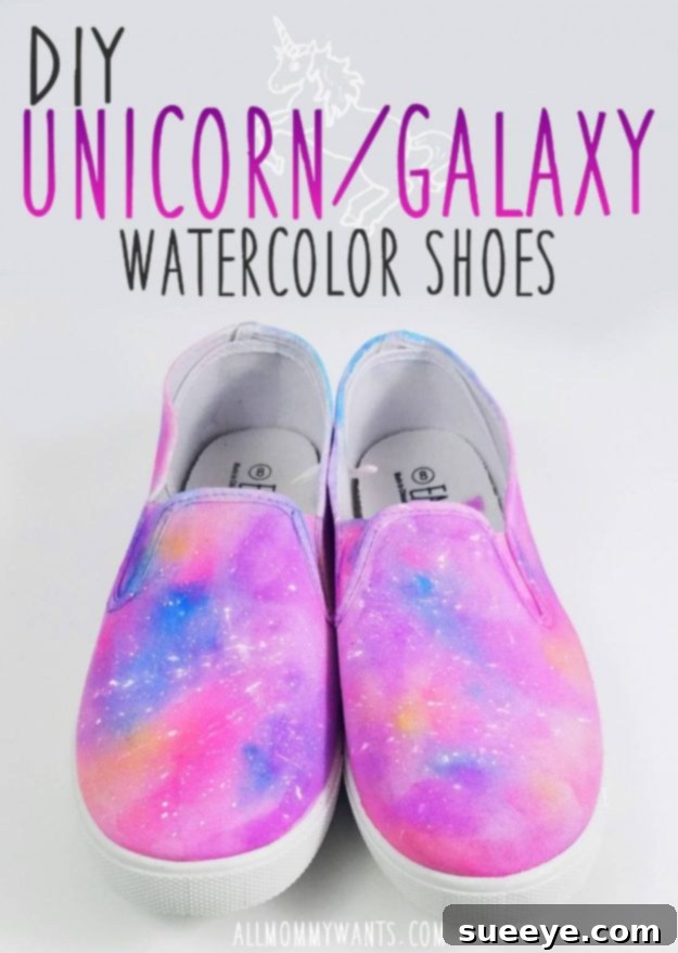 DIY Unicorn Watercolor Shoes: Create whimsical, pastel gradient sneakers with a magical touch. Canvas sneakers featuring a magical watercolor effect with pastel colors, inspired by unicorns.