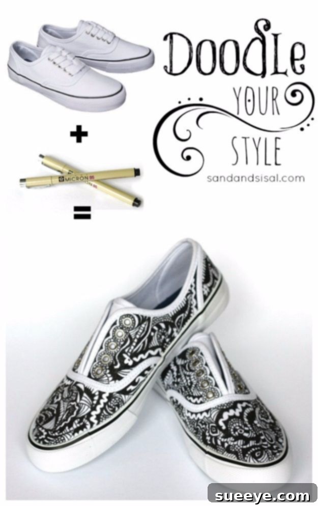 Doodle Your Style Shoes: Express yourself with freehand drawings and patterns on your canvas sneakers. White canvas sneakers covered in intricate black and white doodle art, showcasing unique personal style.