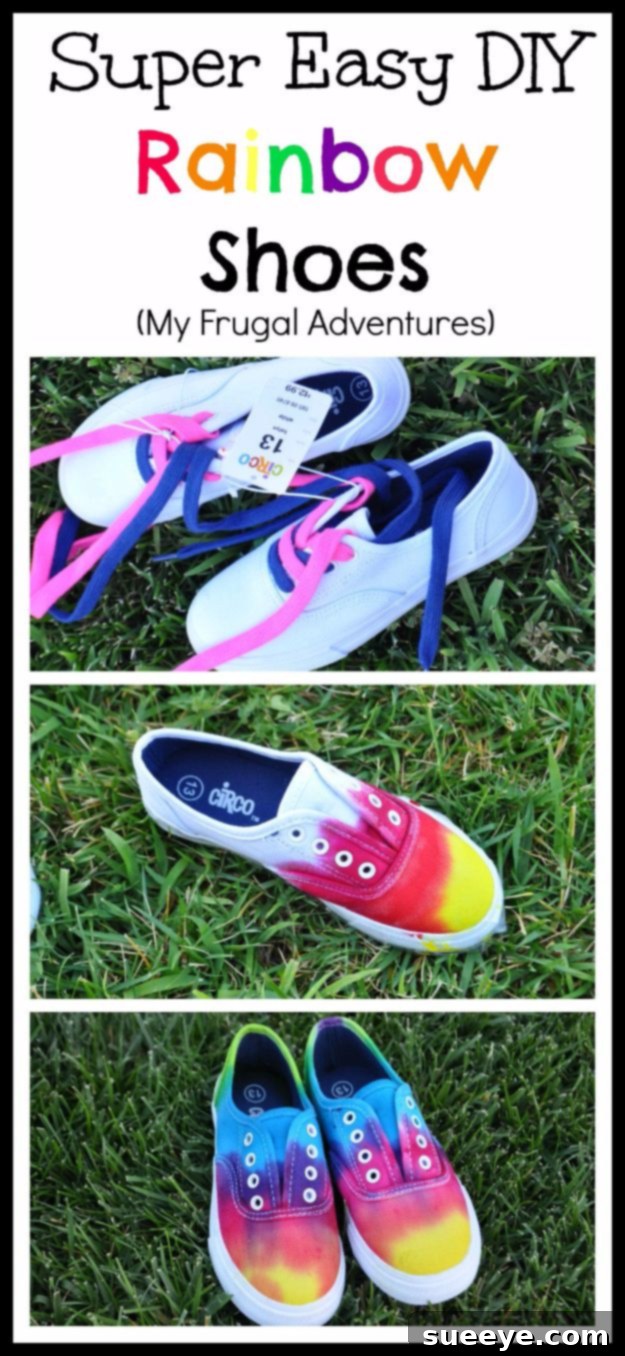 Children's canvas shoes transformed into vibrant rainbow tie-dye footwear, a simple and fun DIY project.