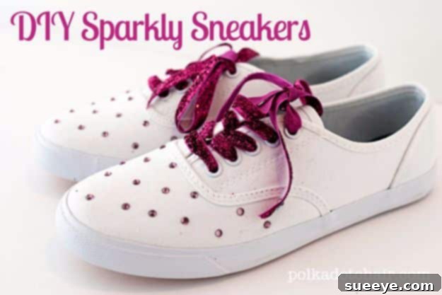 Close-up of dazzling canvas sneakers covered in glitter and sequins, creating a sparkly effect.