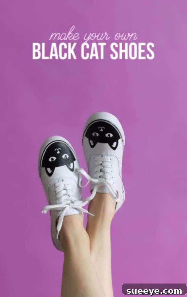 Black Cat Shoes DIY: Adorable custom sneakers using heat-transfer vinyl for a unique feline touch. Charming black cat silhouette heat-transfer vinyl applied to white canvas sneakers.