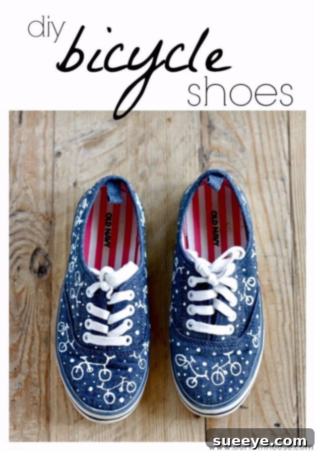 DIY Bicycle Print Shoes: Customize your sneakers with a fun and classic bicycle pattern. White canvas sneakers adorned with a repeated black bicycle print, offering a charming and unique design.