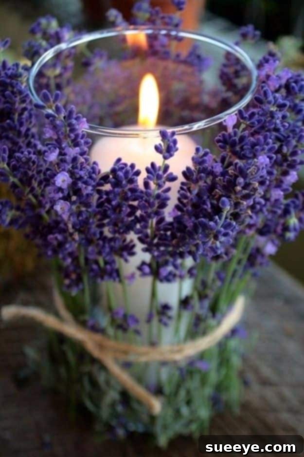 Decorate plain candles by wrapping them with fragrant dried lavender for a natural look.